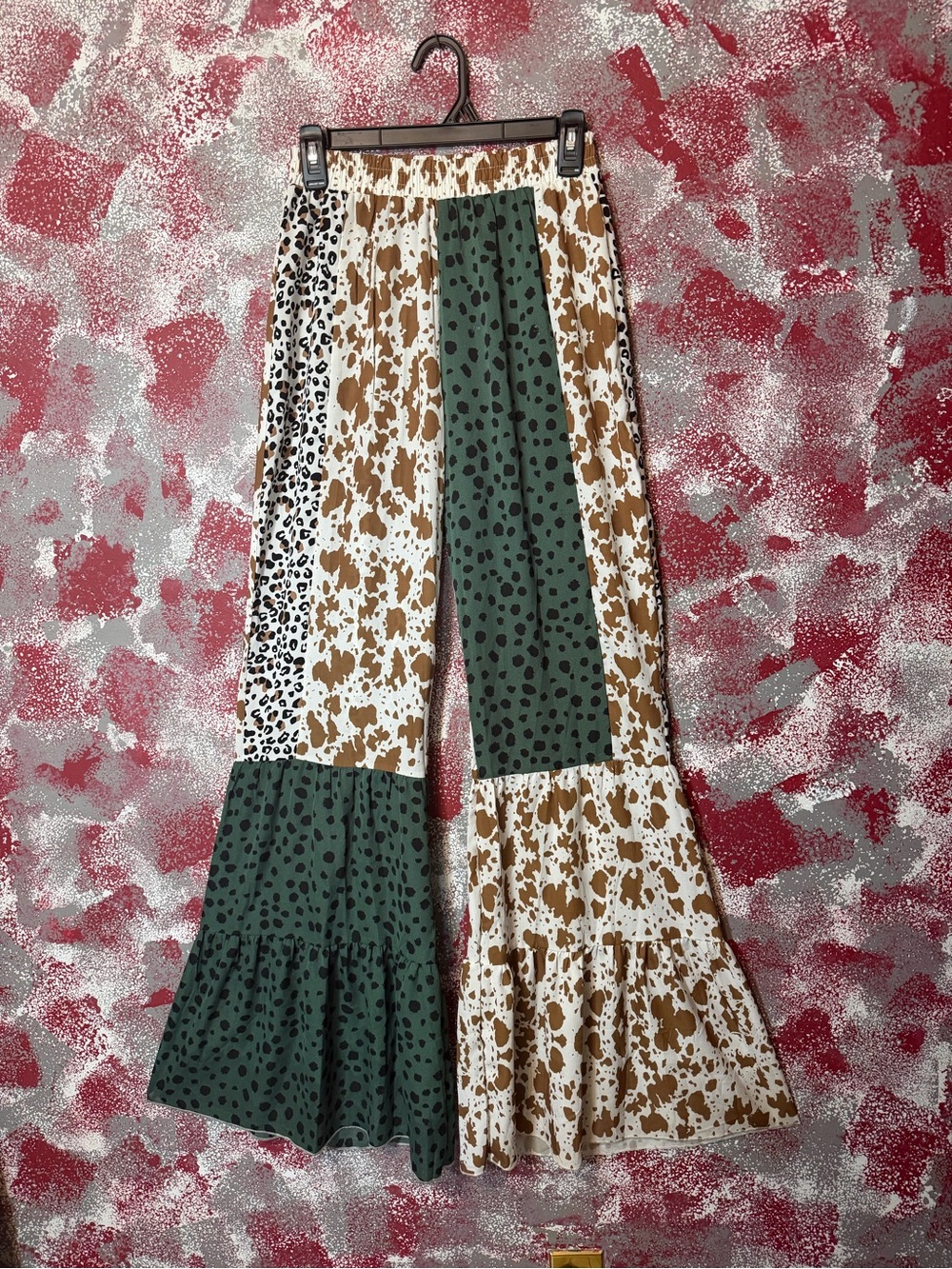 Southern Grace Patchwork Wide-Leg Pants in Green, Brown & White
